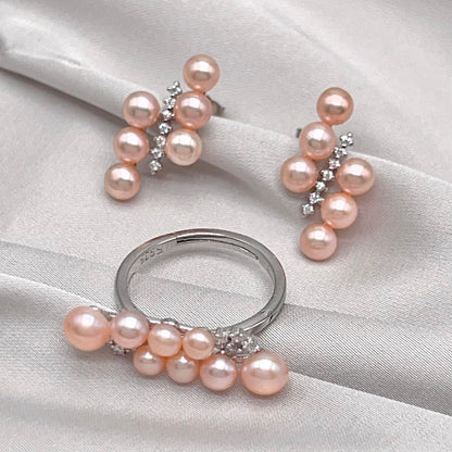 Pink Pearl Linear Cluster Ring & Earring Set Silver 925