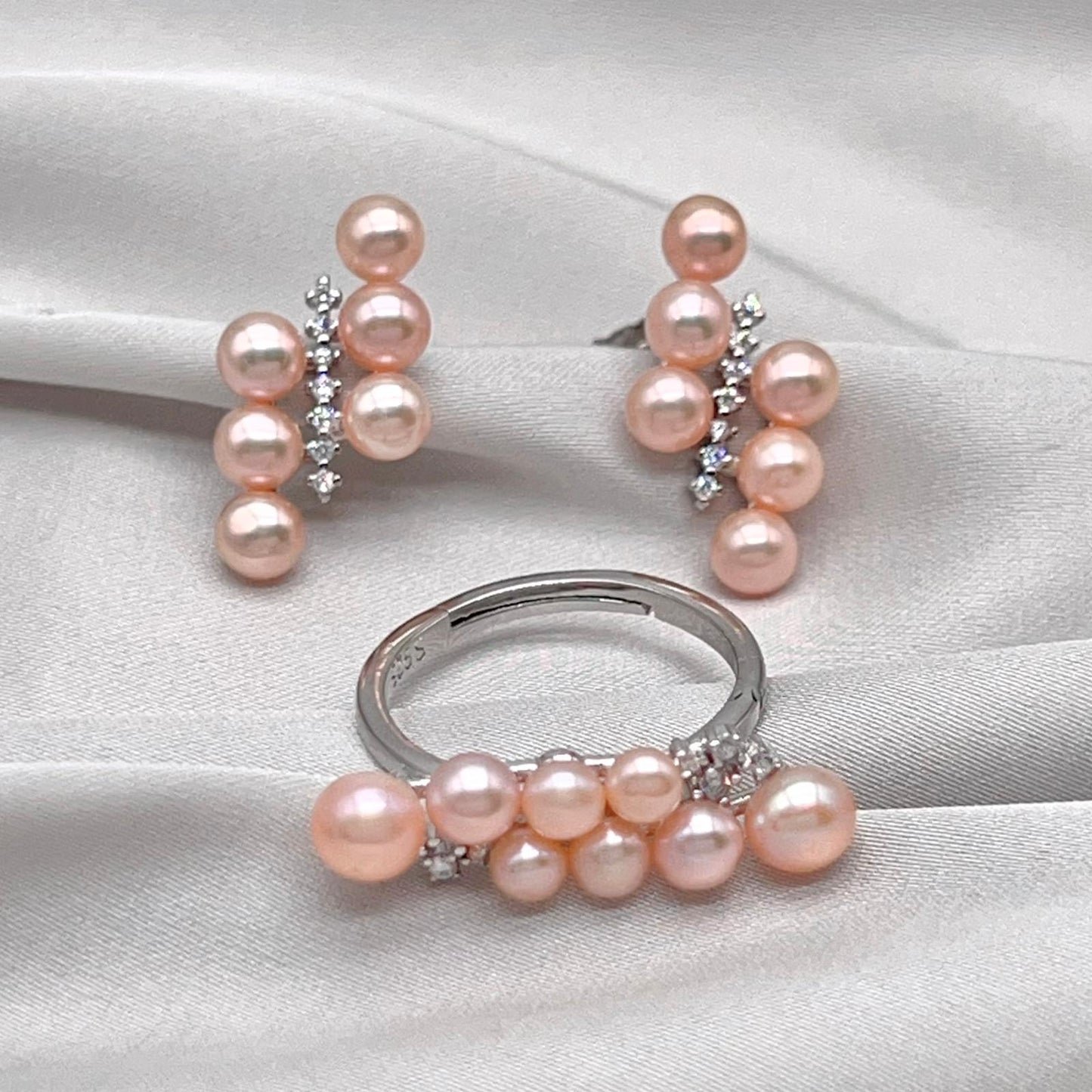 Pink Pearl Linear Cluster Ring & Earring Set Silver 925