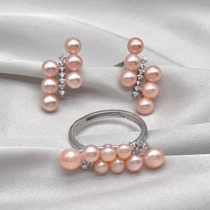 Pink Pearl Linear Cluster Ring & Earring Set Silver 925