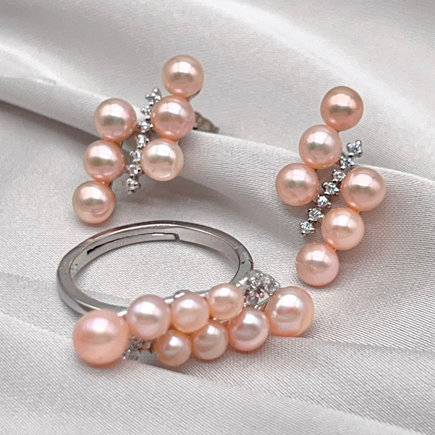 Pink Pearl Linear Cluster Ring & Earring Set Silver 925