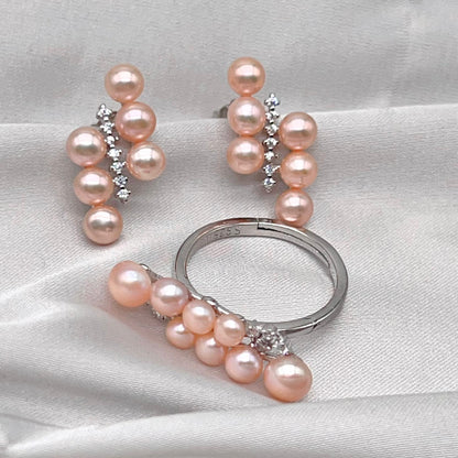 Pink Pearl Linear Cluster Ring & Earring Set Silver 925