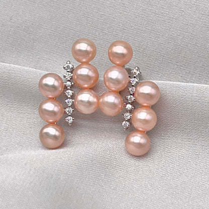 Pink Pearl Linear Cluster Ring & Earring Set Silver 925