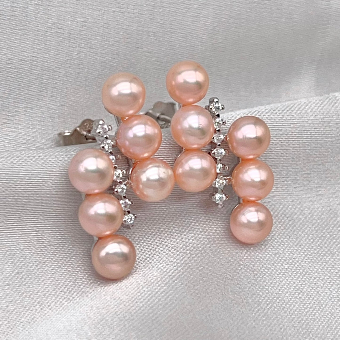Pink Pearl Linear Cluster Ring & Earring Set Silver 925