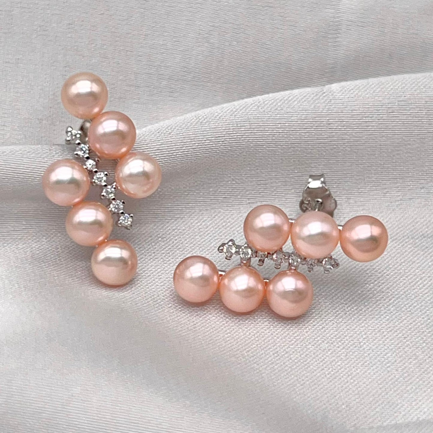 Pink Pearl Linear Cluster Ring & Earring Set Silver 925