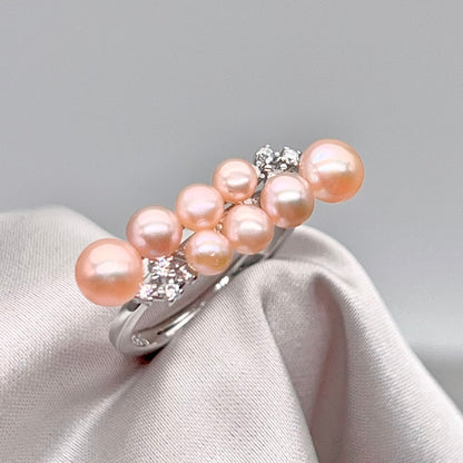 Pink Pearl Linear Cluster Ring & Earring Set Silver 925