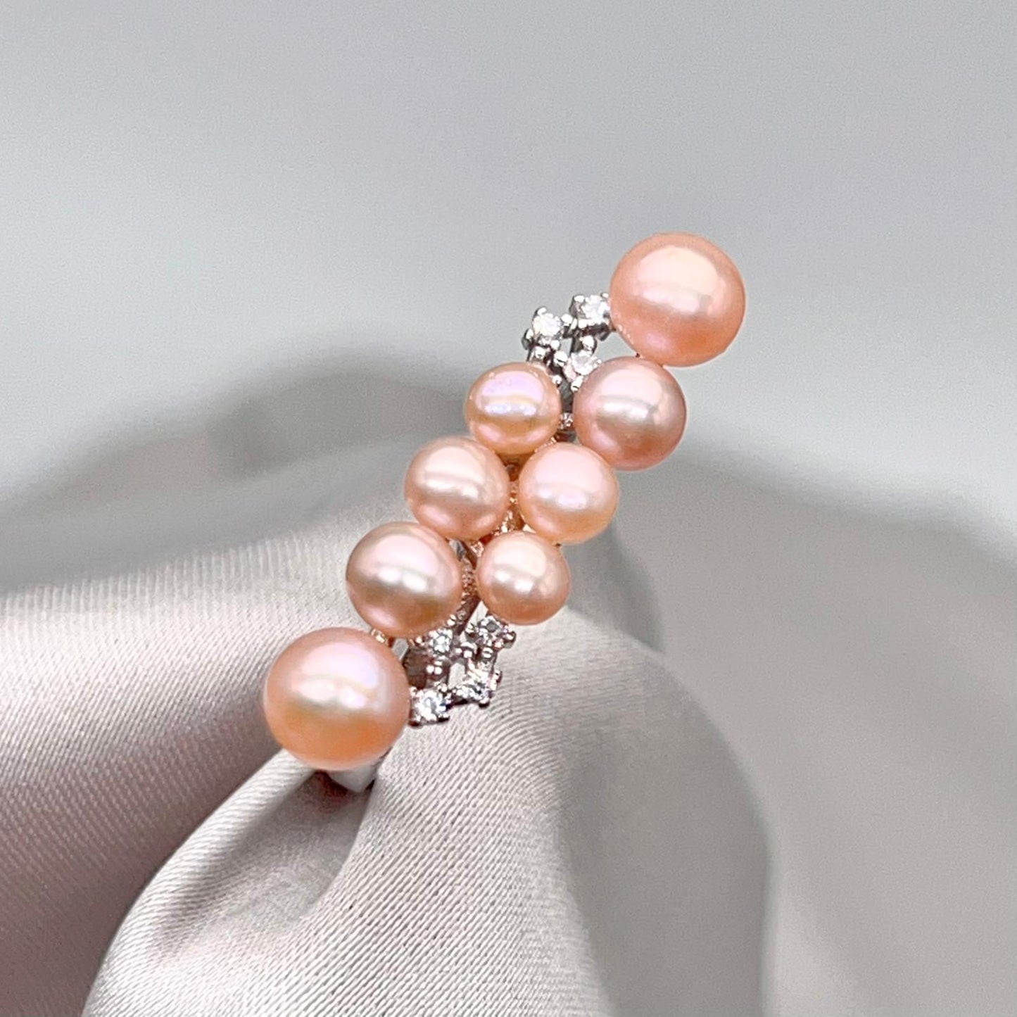 Pink Pearl Linear Cluster Ring & Earring Set Silver 925