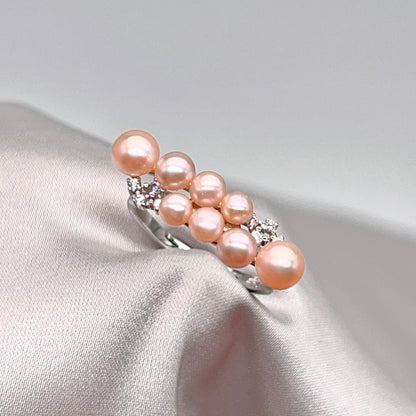 Pink Pearl Linear Cluster Ring & Earring Set Silver 925