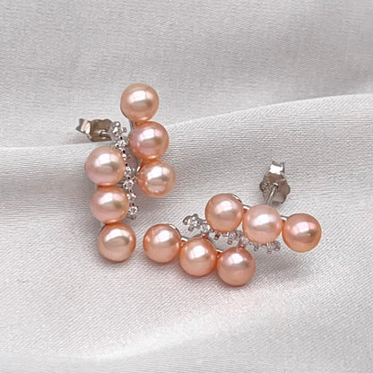 Pink Pearl Linear Cluster Ring & Earring Set Silver 925