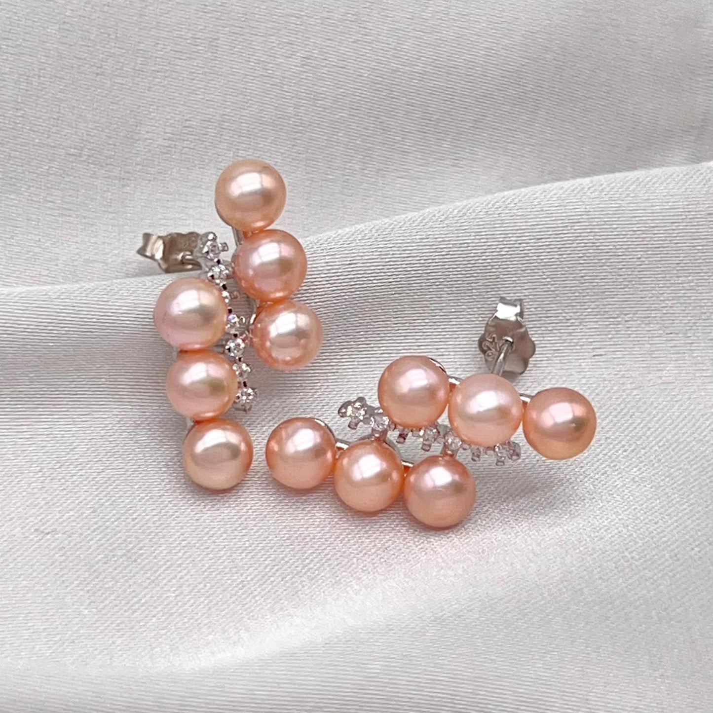 Pink Pearl Linear Cluster Ring & Earring Set Silver 925