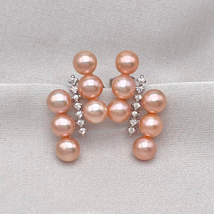 Pink Pearl Linear Cluster Ring & Earring Set Silver 925