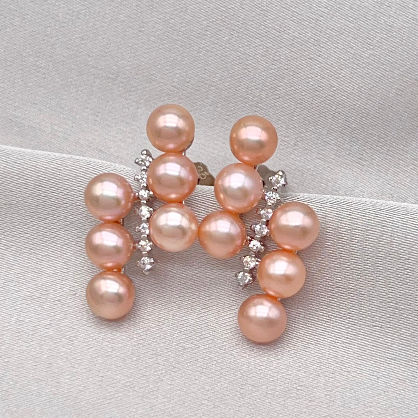 Pink Pearl Linear Cluster Ring & Earring Set Silver 925