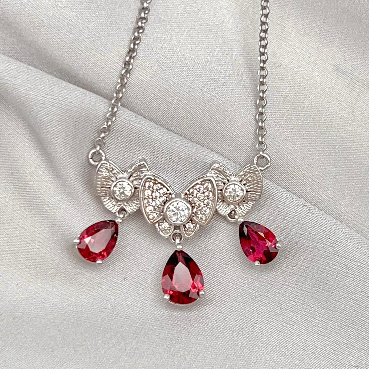 Red Garnet & Crystal Butterfly Triple Drop Necklace Silver 925