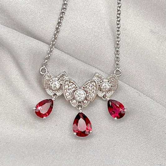 Red Garnet & Crystal Butterfly Triple Drop Necklace Silver 925