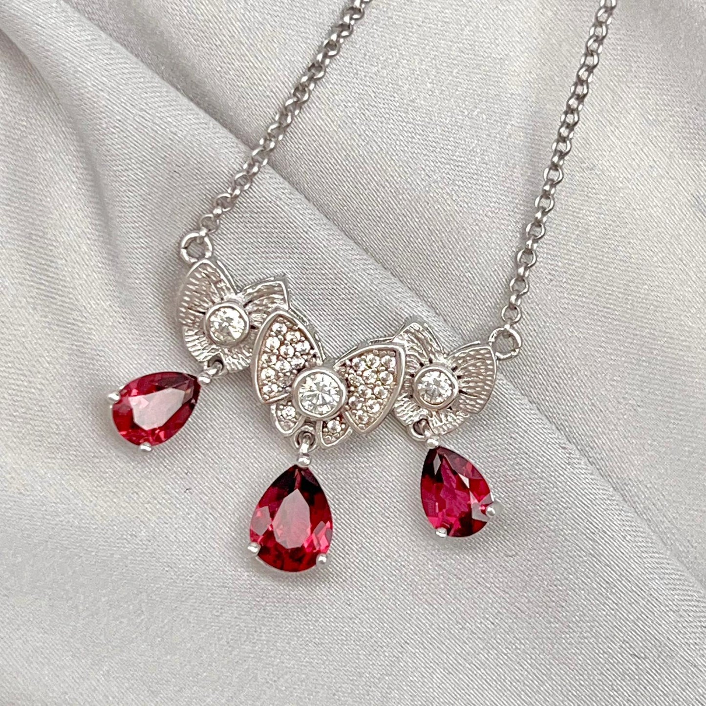Red Garnet & Crystal Butterfly Triple Drop Necklace Silver 925