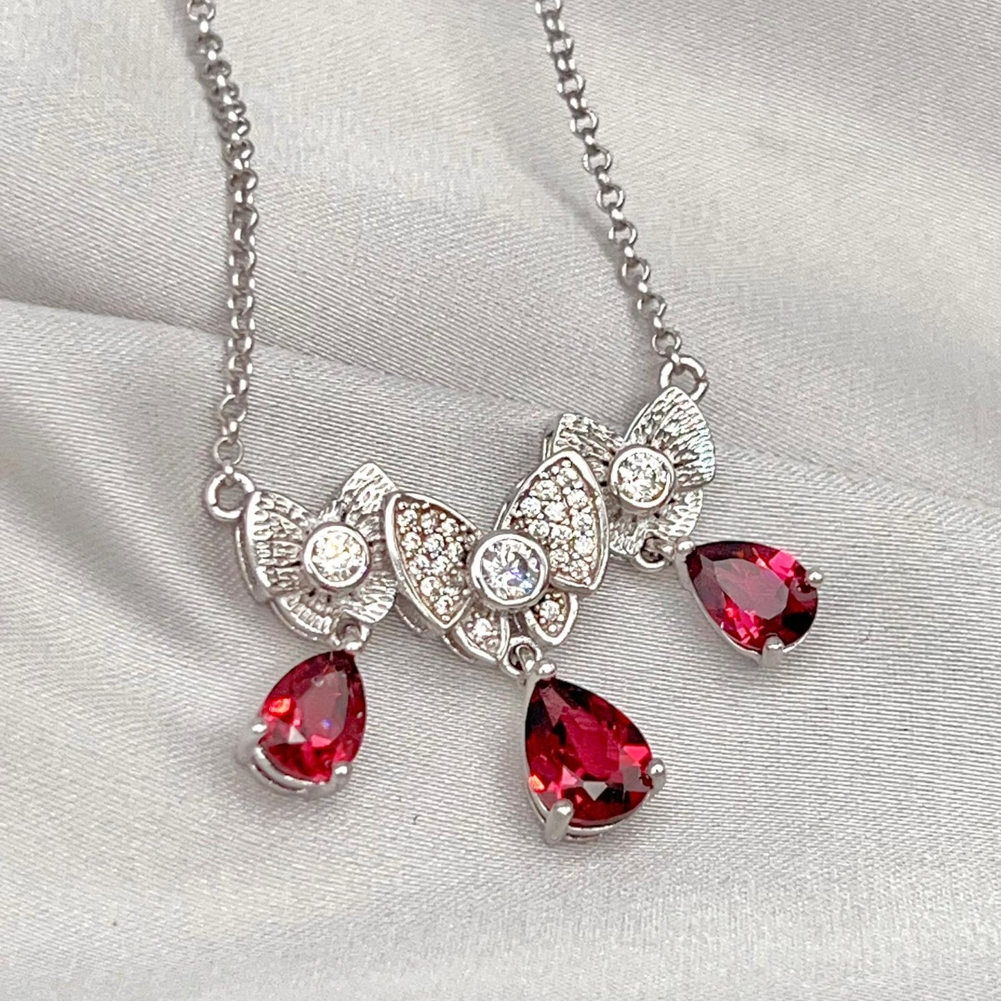 Red Garnet & Crystal Butterfly Triple Drop Necklace Silver 925