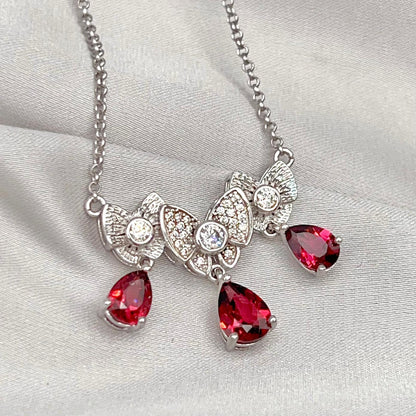 Red Garnet & Crystal Butterfly Triple Drop Necklace Silver 925