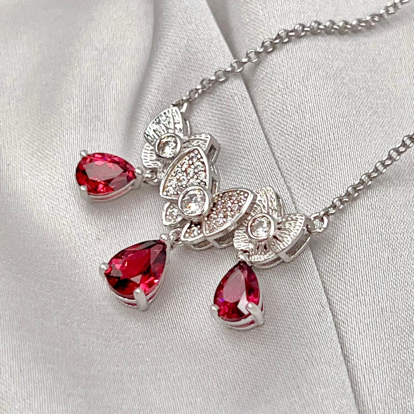 Red Garnet & Crystal Butterfly Triple Drop Necklace Silver 925
