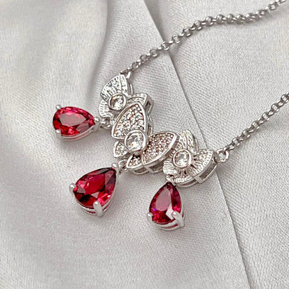 Red Garnet & Crystal Butterfly Triple Drop Necklace Silver 925