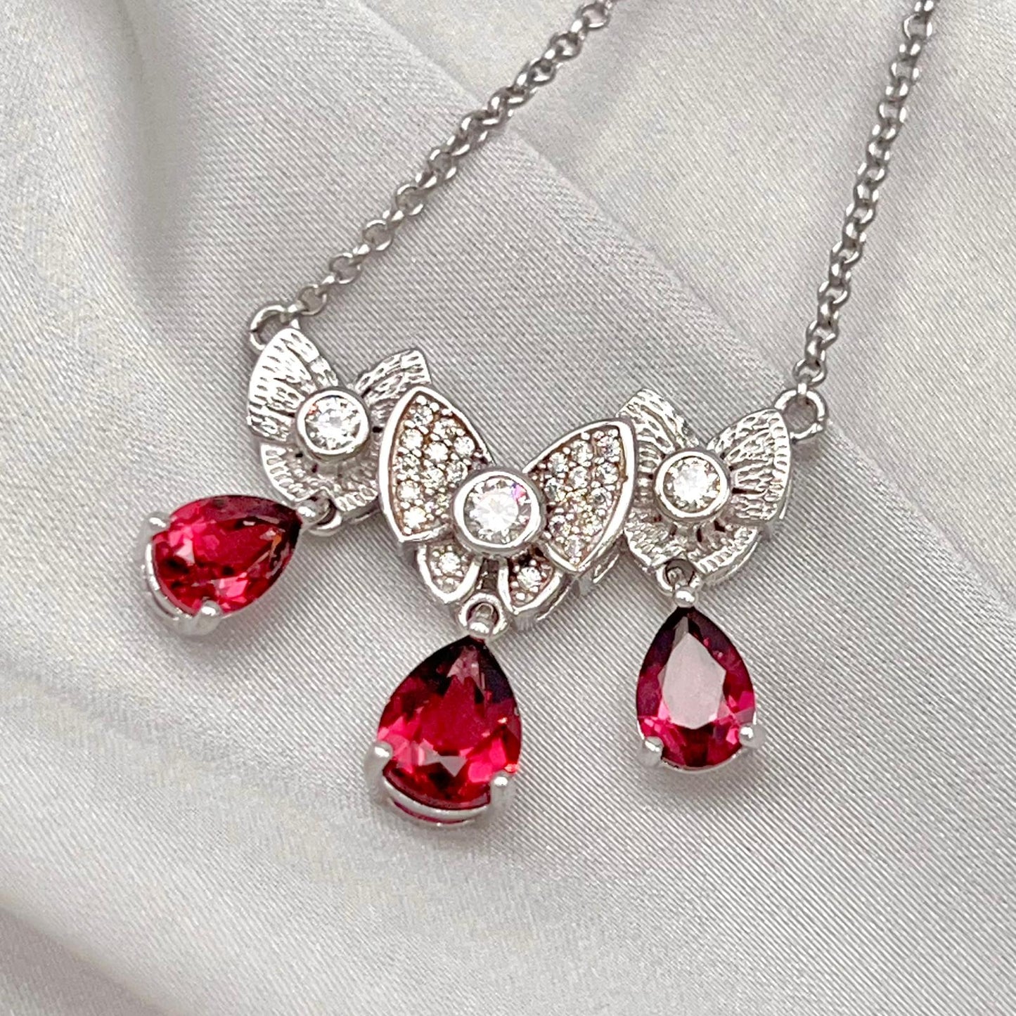Red Garnet & Crystal Butterfly Triple Drop Necklace Silver 925