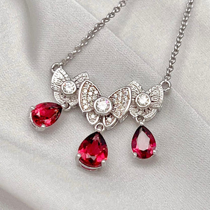 Red Garnet & Crystal Butterfly Triple Drop Necklace Silver 925