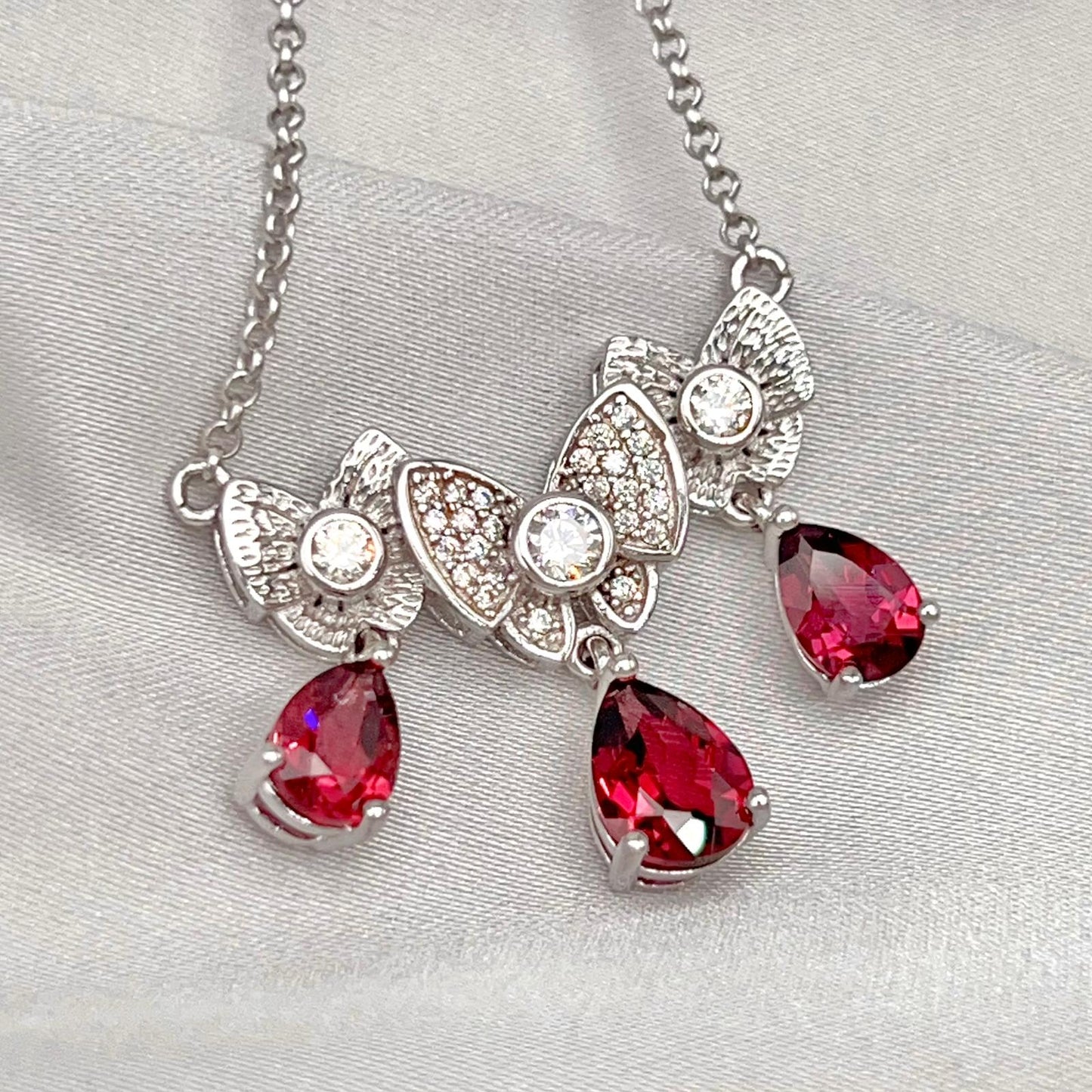 Red Garnet & Crystal Butterfly Triple Drop Necklace Silver 925