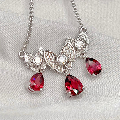 Red Garnet & Crystal Butterfly Triple Drop Necklace Silver 925