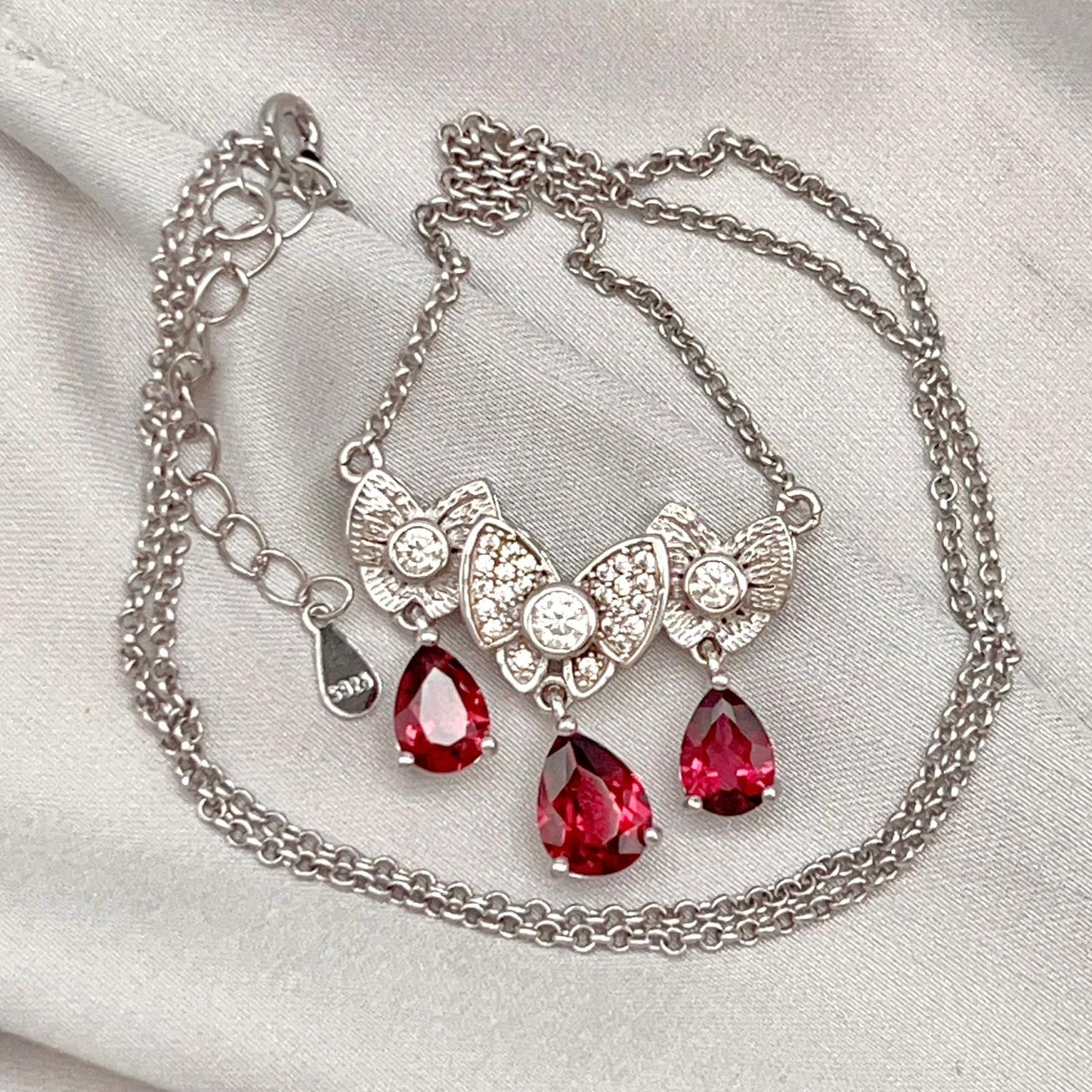 Red Garnet & Crystal Butterfly Triple Drop Necklace Silver 925