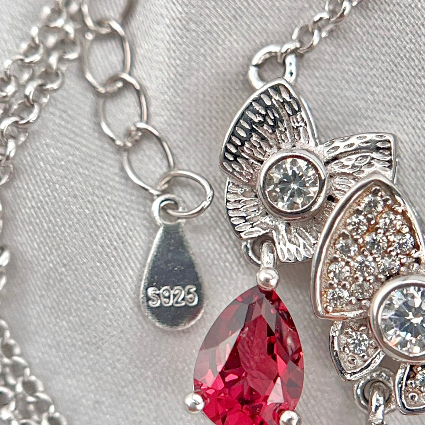 Red Garnet & Crystal Butterfly Triple Drop Necklace Silver 925