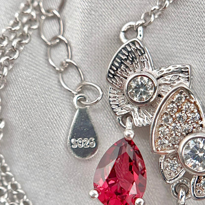 Red Garnet & Crystal Butterfly Triple Drop Necklace Silver 925