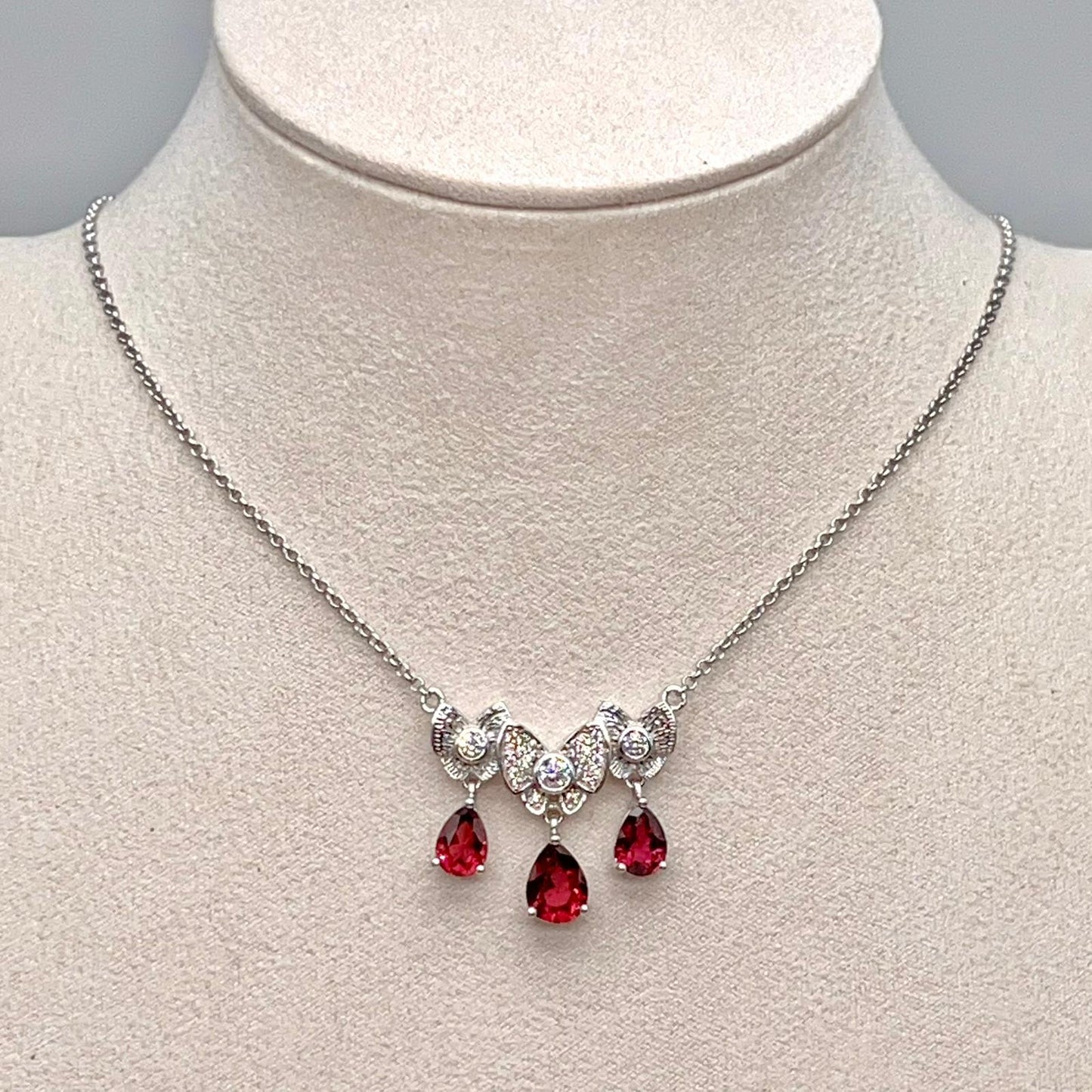 Red Garnet & Crystal Butterfly Triple Drop Necklace Silver 925