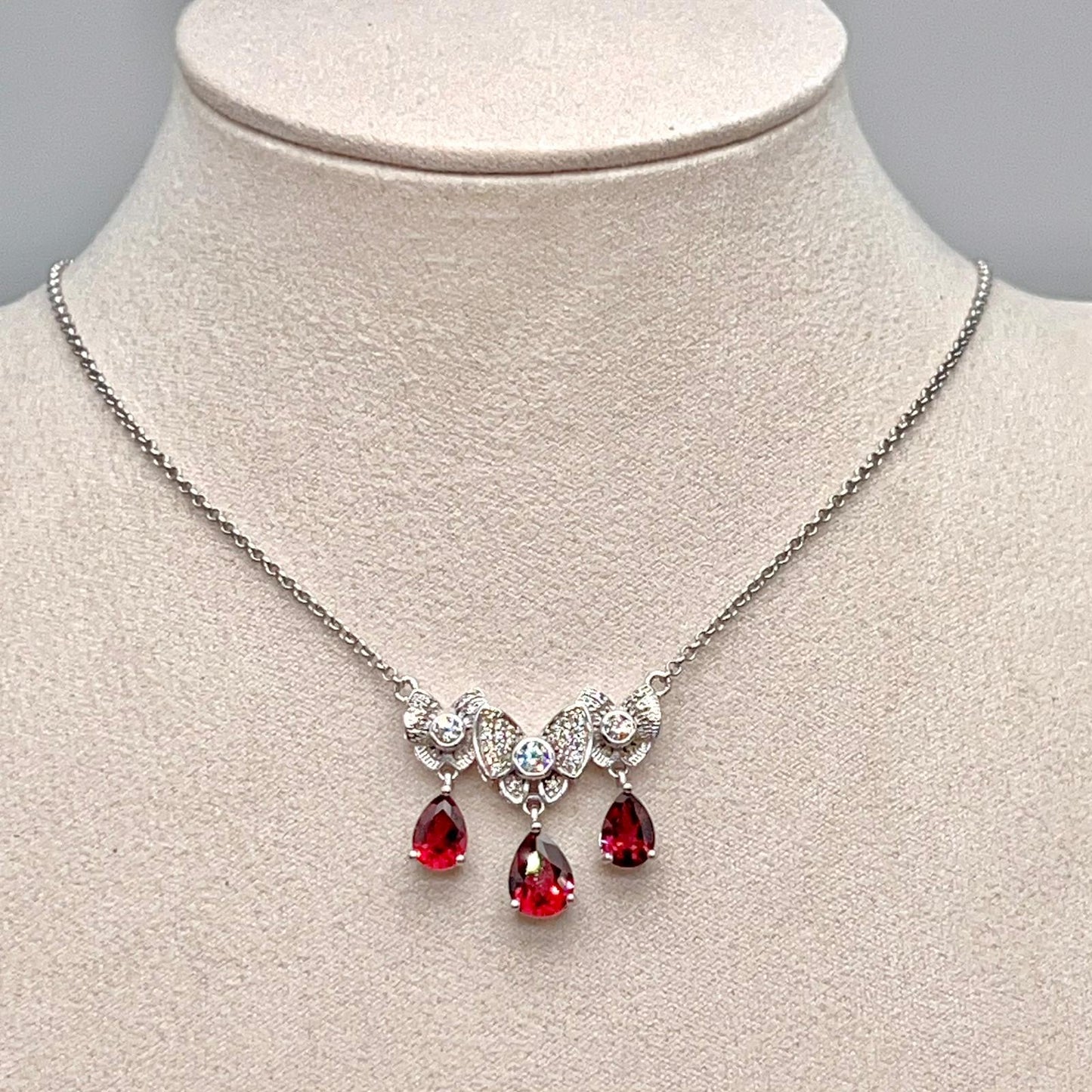 Red Garnet & Crystal Butterfly Triple Drop Necklace Silver 925