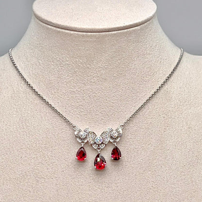 Red Garnet & Crystal Butterfly Triple Drop Necklace Silver 925