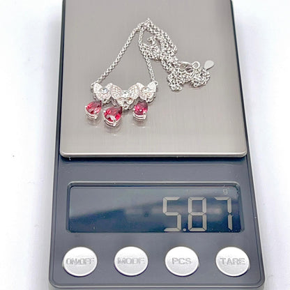 Red Garnet & Crystal Butterfly Triple Drop Necklace Silver 925