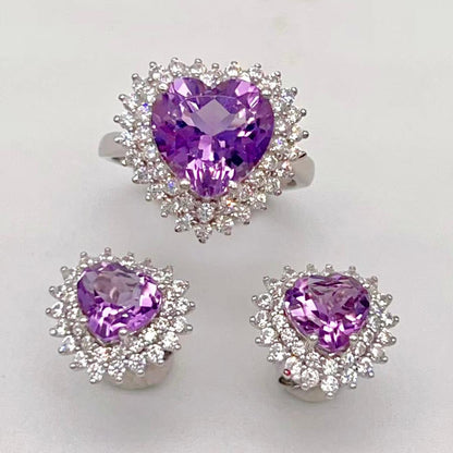 Contemporary Cocktail . Earring and Ring in heart shape of Amethyst in Silver 925
