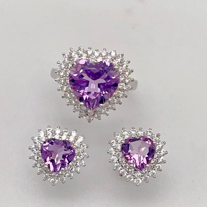 Contemporary Cocktail . Earring and Ring in heart shape of Amethyst in Silver 925