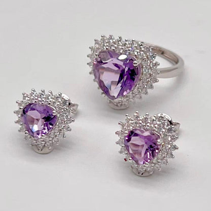 Contemporary Cocktail . Earring and Ring in heart shape of Amethyst in Silver 925