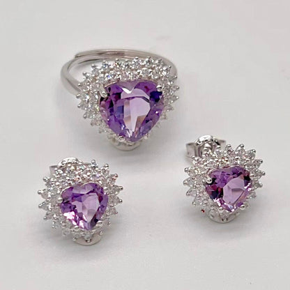 Contemporary Cocktail . Earring and Ring in heart shape of Amethyst in Silver 925