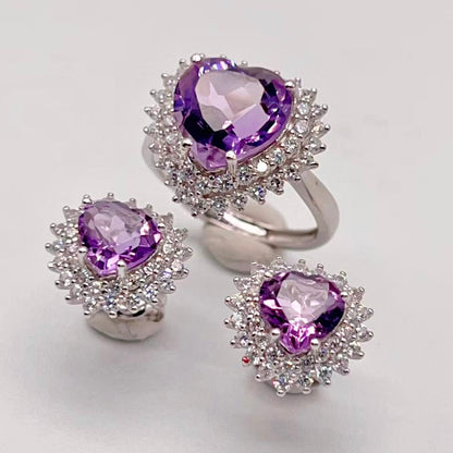 Contemporary Cocktail . Earring and Ring in heart shape of Amethyst in Silver 925