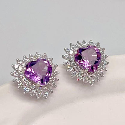 Contemporary Cocktail . Earring and Ring in heart shape of Amethyst in Silver 925