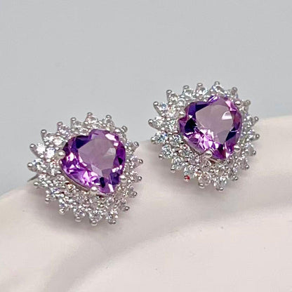 Contemporary Cocktail . Earring and Ring in heart shape of Amethyst in Silver 925