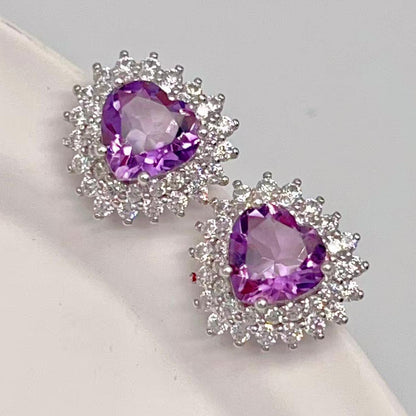 Contemporary Cocktail . Earring and Ring in heart shape of Amethyst in Silver 925