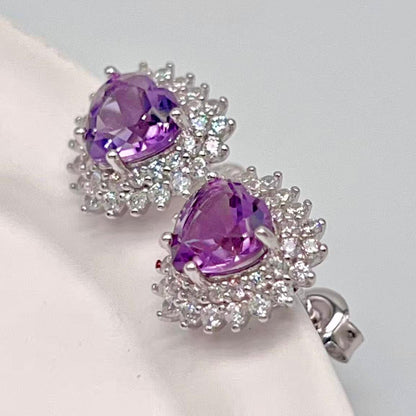 Contemporary Cocktail . Earring and Ring in heart shape of Amethyst in Silver 925