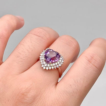 Contemporary Cocktail . Earring and Ring in heart shape of Amethyst in Silver 925