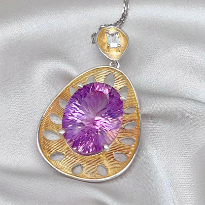 Contemporary Cocktail. Necklace in Amethyst in Oval Shape in Silver 925