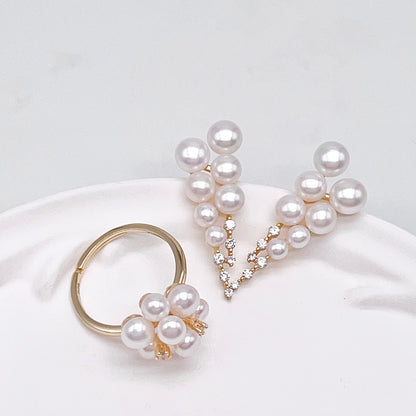 Antique Impression. Multi-pearl Ring & Earrings in Silver 925. Shooting Stars and Edelweiss
