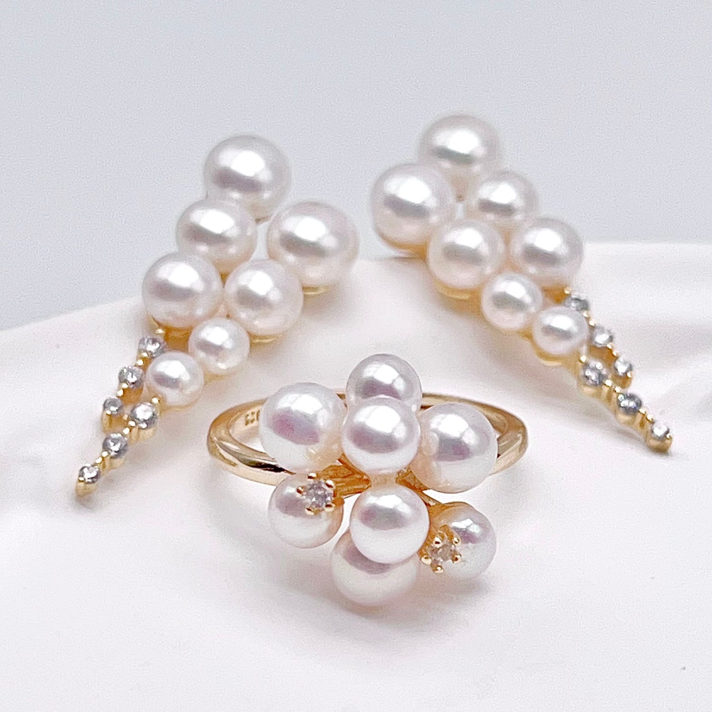 Antique Impression. Multi-pearl Ring & Earrings in Silver 925. Shooting Stars and Edelweiss
