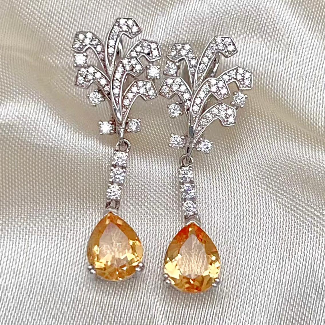 Citrine Pear Drop Leaf Vine Earrings Silver 925