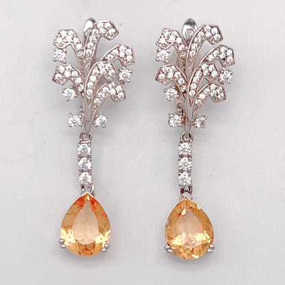 Citrine Pear Drop Leaf Vine Earrings Silver 925