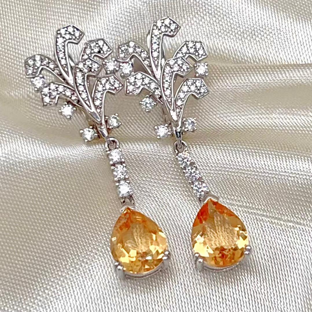 Citrine Pear Drop Leaf Vine Earrings Silver 925