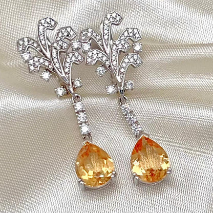 Citrine Pear Drop Leaf Vine Earrings Silver 925